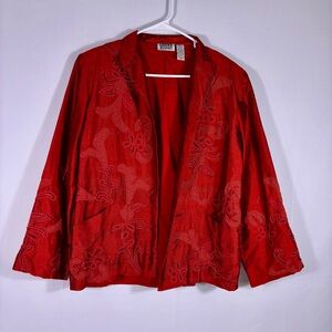 Chicos Red Silk Floral Embroidered Blazer Size Medium